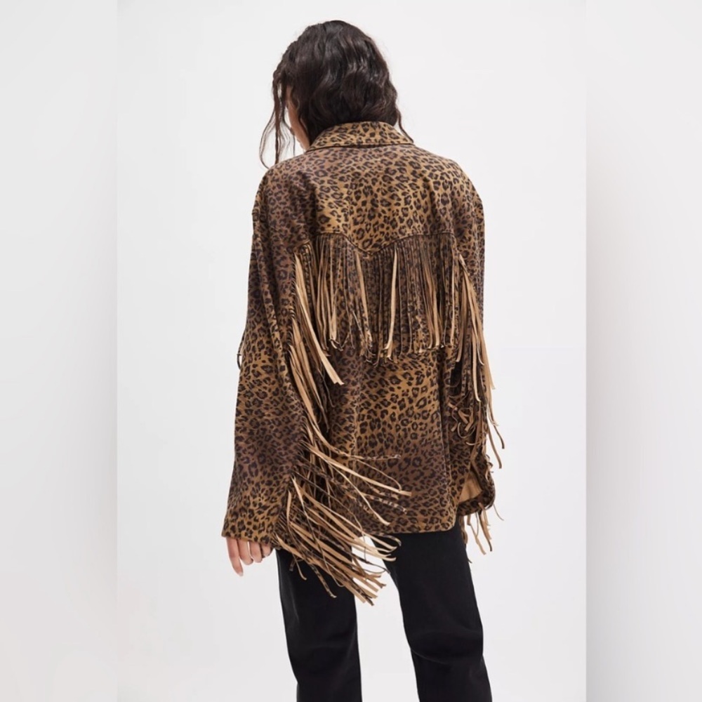 Free People Leopard Print Fringe Jacket in Brown